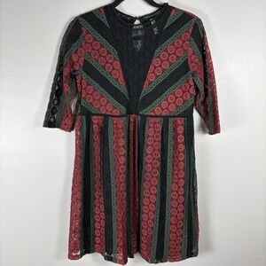 Xhilaration Women's Medium Red Green Black Lace Embroidered Fit Flare Mini Dress
